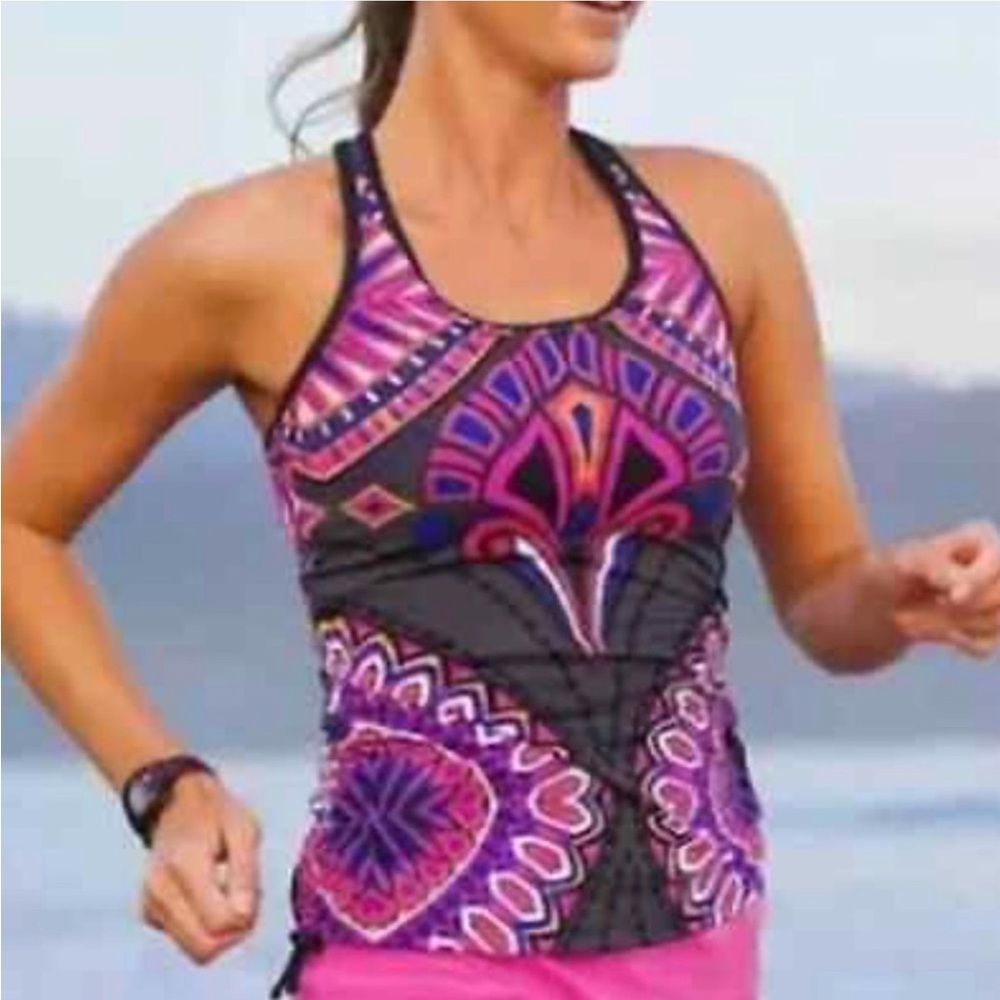 Athleta Rapanui Ready to Run Pink Grey Paisley Tankini Top Y Back XS